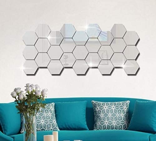 Silver Acrylic Hexagon Mirror Wall Stickers 12 Pcs C392