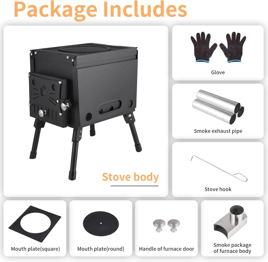 Portable Wood Burning Stove with Chimney Pipe for Camping Tent Heating Cooking k7m