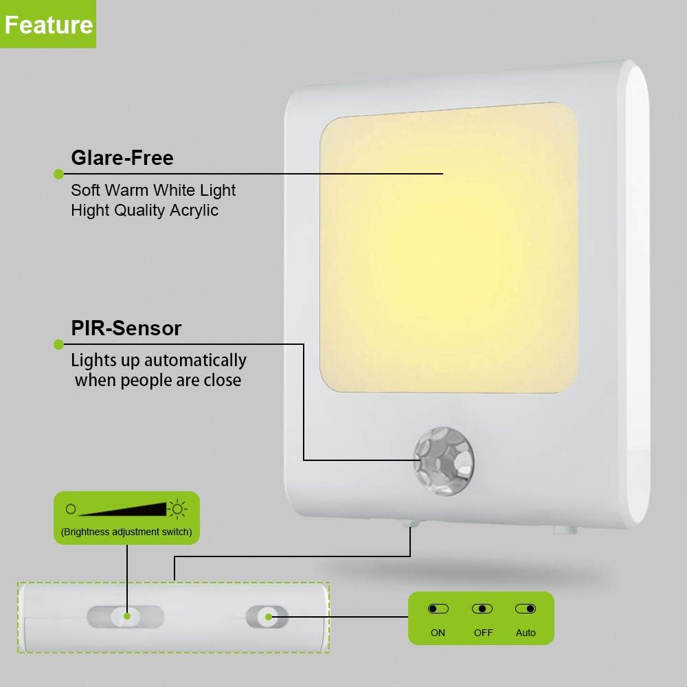Motion Sensor Night Light with Adjustable Warm White LED, 2 Pack k7m