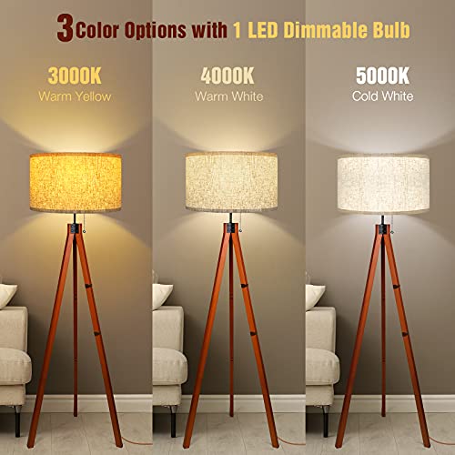 Wood Tripod Floor Lamp, 3 Color Temperatures, Flaxen Shade, E26 Base k7m