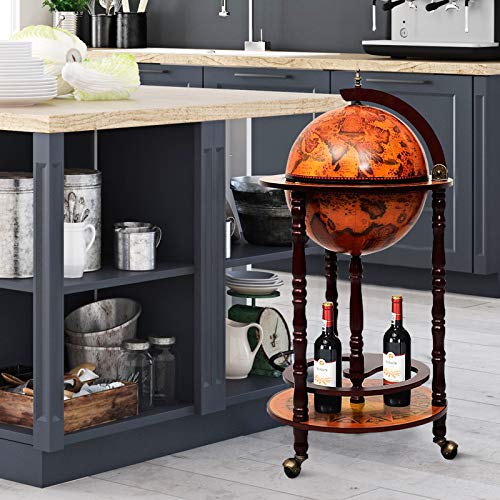 Byroce Globe Bar Cart Wood Wine Cabinet with Wheels Cream White Q393
