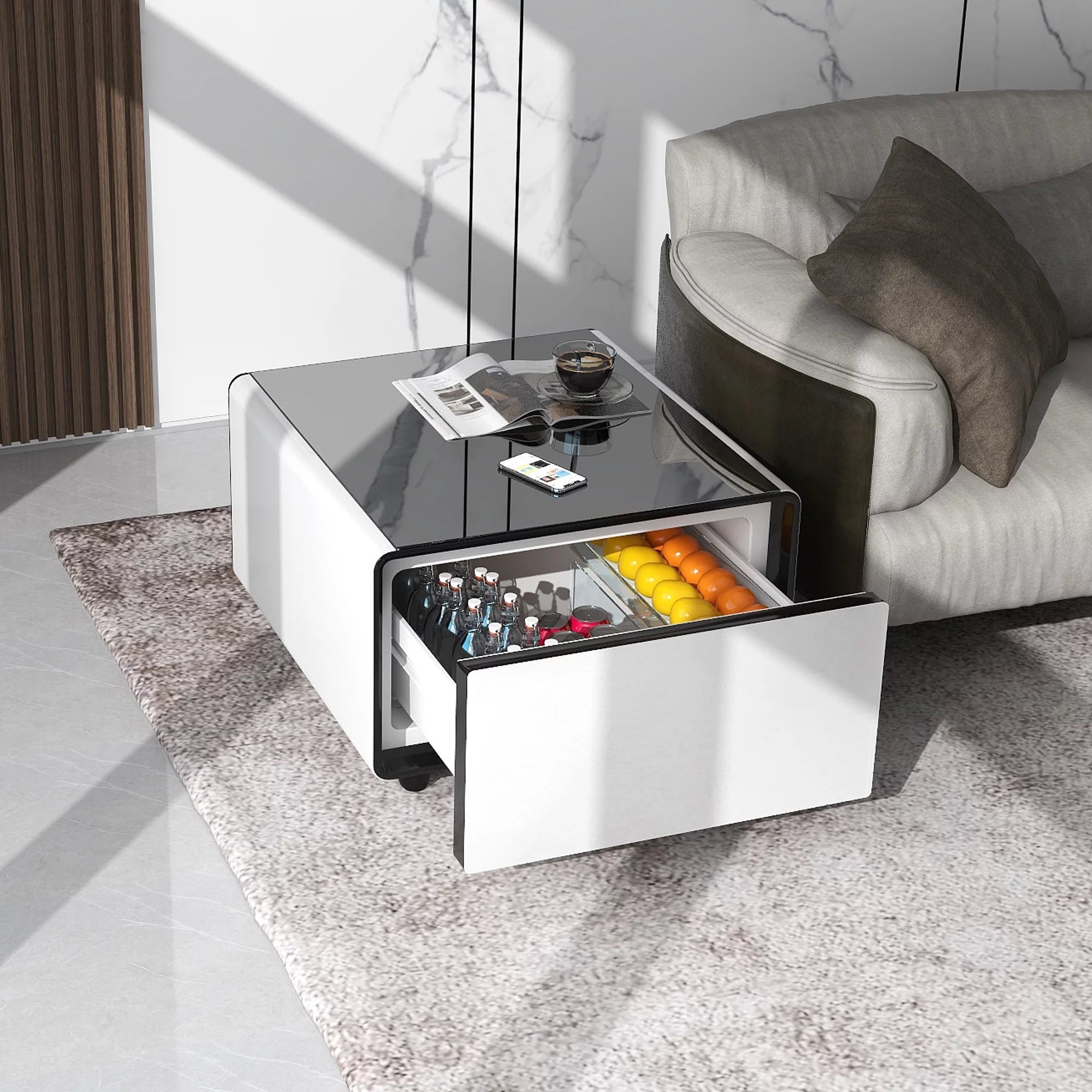 Livtab Smart Side Table with Built-in Fridge and Charging Station, White H571