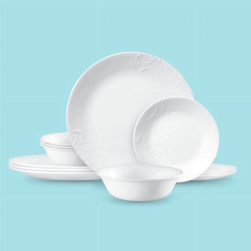 Corelle Madeline Embossed 12-Piece White Dinnerware Set J548316