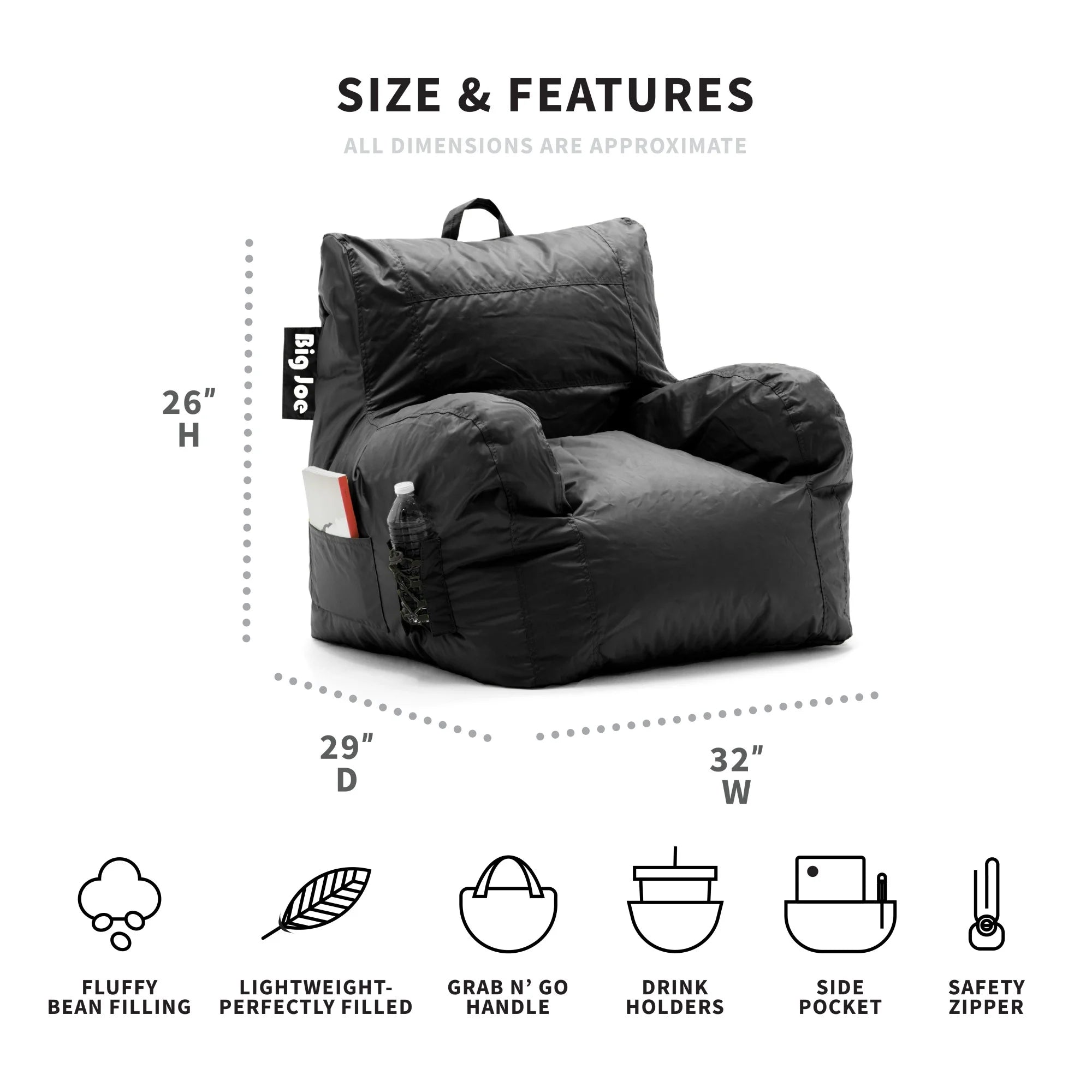 Big Joe Dorm Bean Bag Chair with Drink Holder, Black Smartmax, 3 ft Q230080