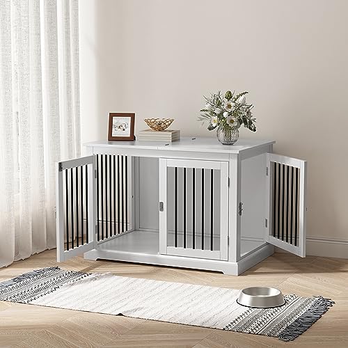 Dog Crate Furniture End Table with Cushion for Large Dogs, White Q48599