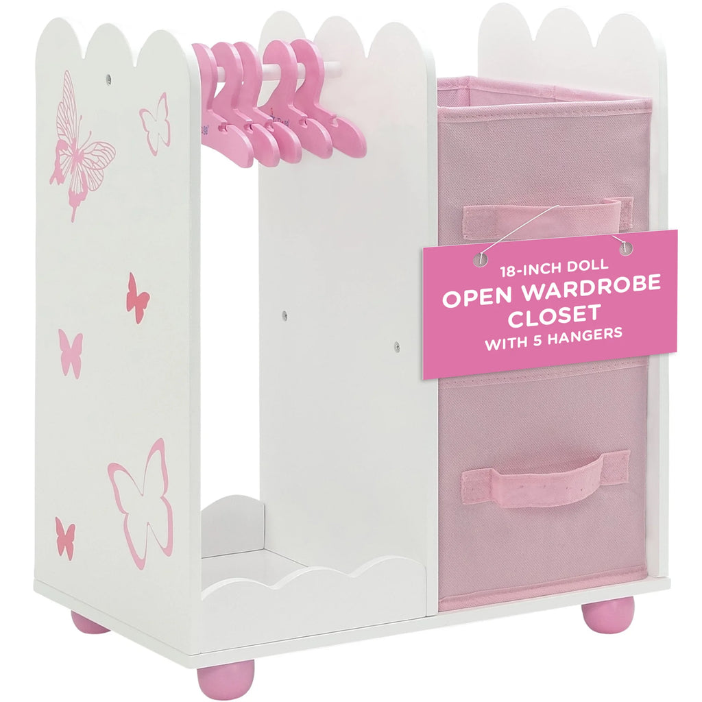 Emily Rose 18 inch Doll Clothes Storage Closet Open Wardrobe 18" Doll Furniture - Butterfly | Includes 5 Doll Clothes Hangers | Perfect for Storage of 18" Doll Clothes or Small Pet Clothes