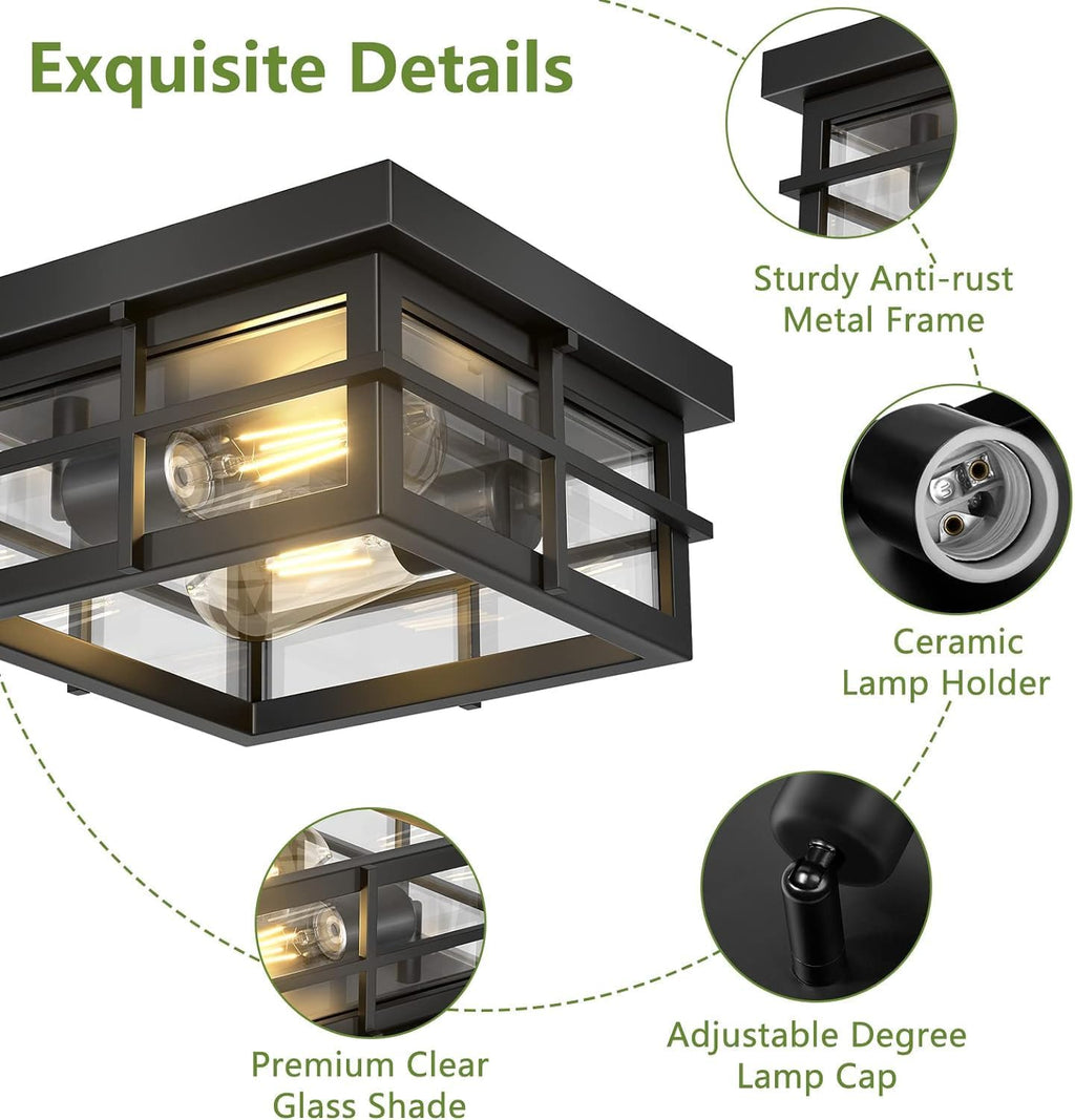 Modern Outdoor Ceiling Light 2-Light Black Flush Mount Clear Glass Shade a7