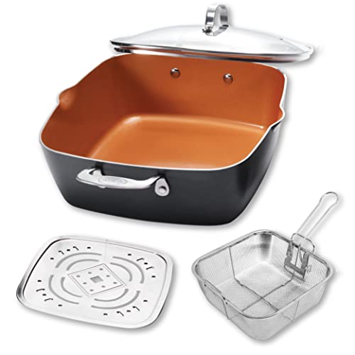 GOTHAM STEEL 6 Qt Nonstick Copper Deep Square Casserole Pan & Stock Pot 4 Piece Set G541