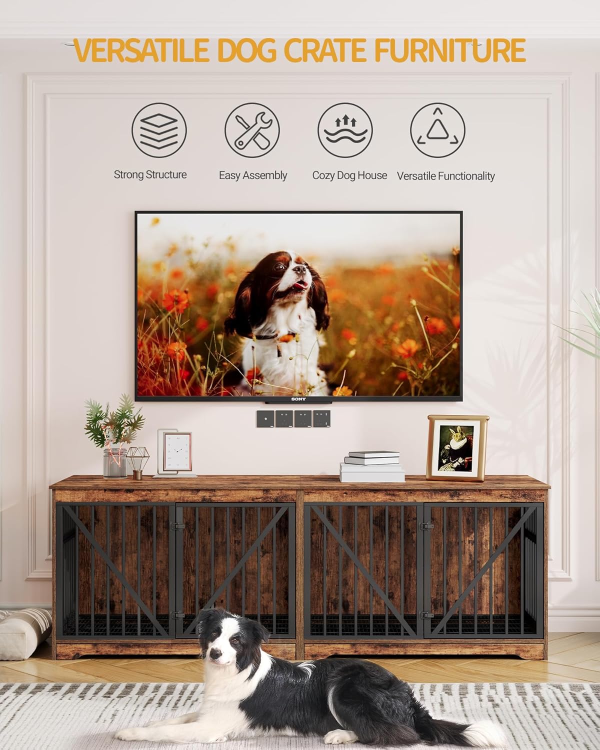 76.4" Wood Dog Crate Furniture with Divider for 2 Dogs, Brown K452