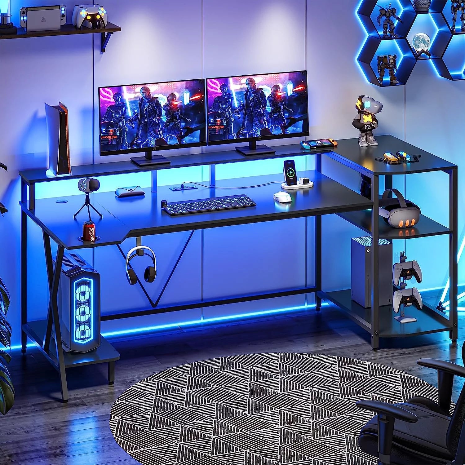 70.8'' Computer Desk with LED Lights and Storage Shelves, Black J414040