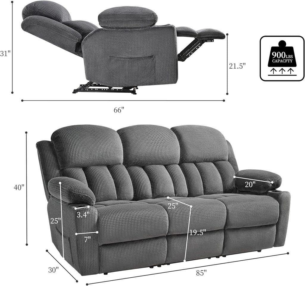 AMERLIFE Recliner Couch 3 Seater Sofa with Cup Holders, Grey D17178