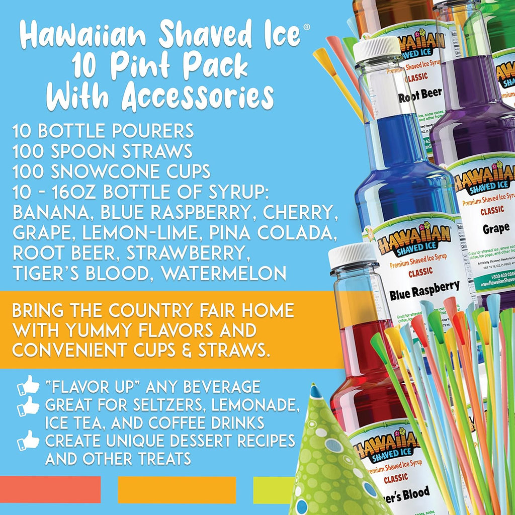 Hawaiian Shaved Ice 10 Flavor Syrups and Accessories Bundle W226187