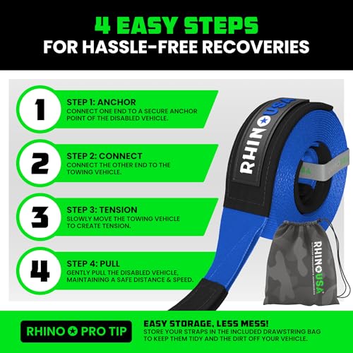 Rhino USA Recovery Tow Strap 3" x 20' 31,518lb for Truck UTV ATV Jeep I629