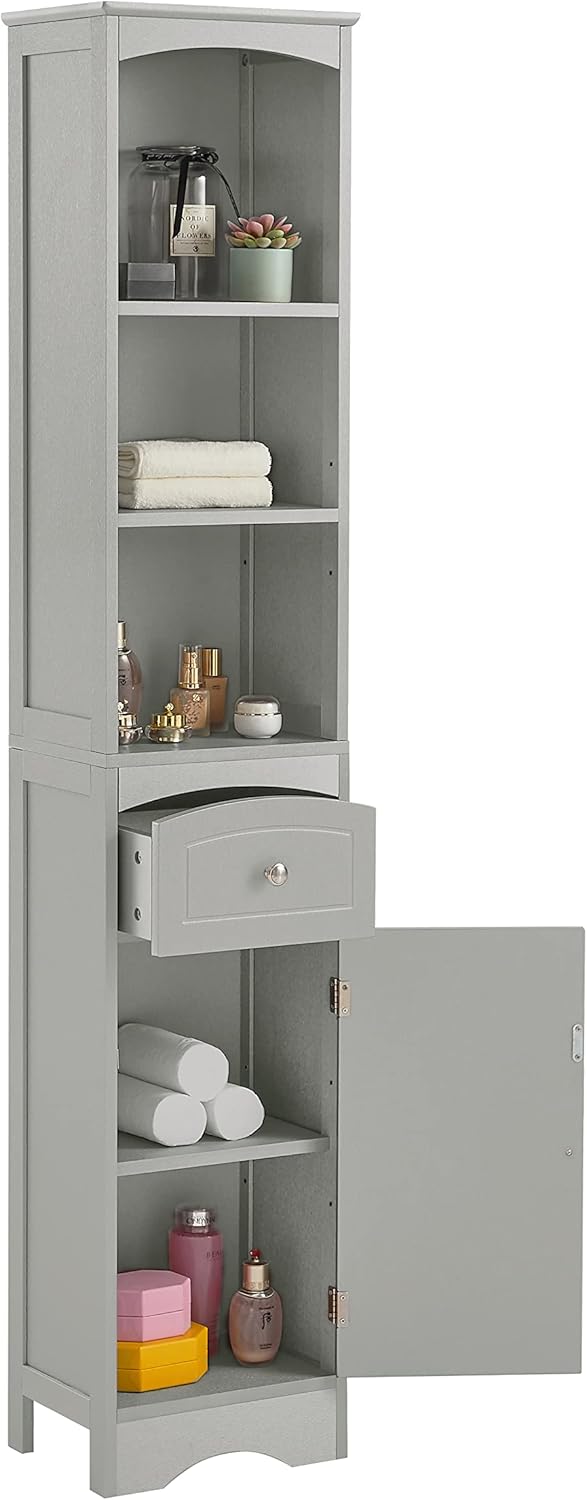 Tall Slim Bathroom Storage Cabinet with 3-Tier Shelf and Drawer, Grey M889