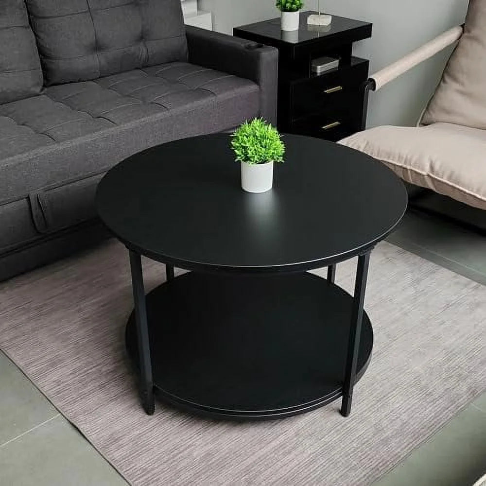 Round Coffee Tables Living Room  31.5 inch 2-Tier Rustic Wood Desktop &amp; Sturdy Metal Legs  Mid Century Modern Circle Coffee Tables with  Open Shelf