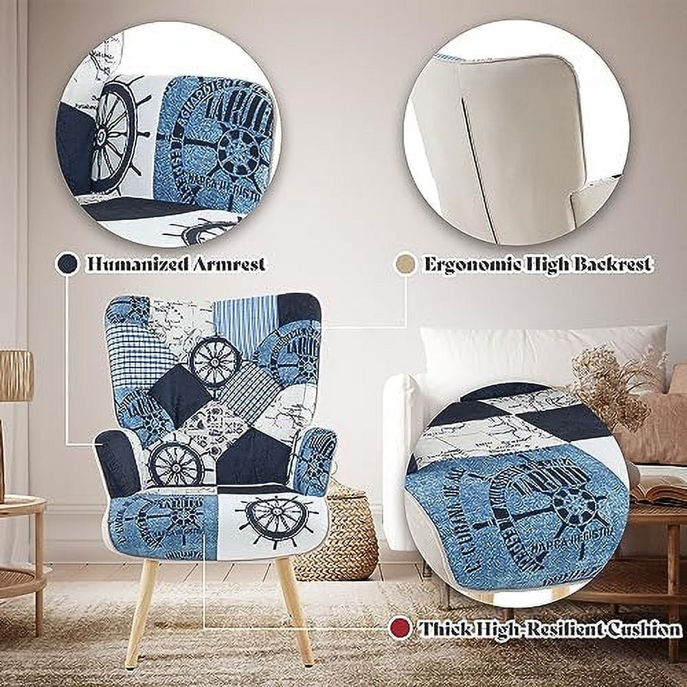 NLIBOOMLife Accent Chair with High Backrest Wooden Base Upholstered Armchair Grey Plaid K87763