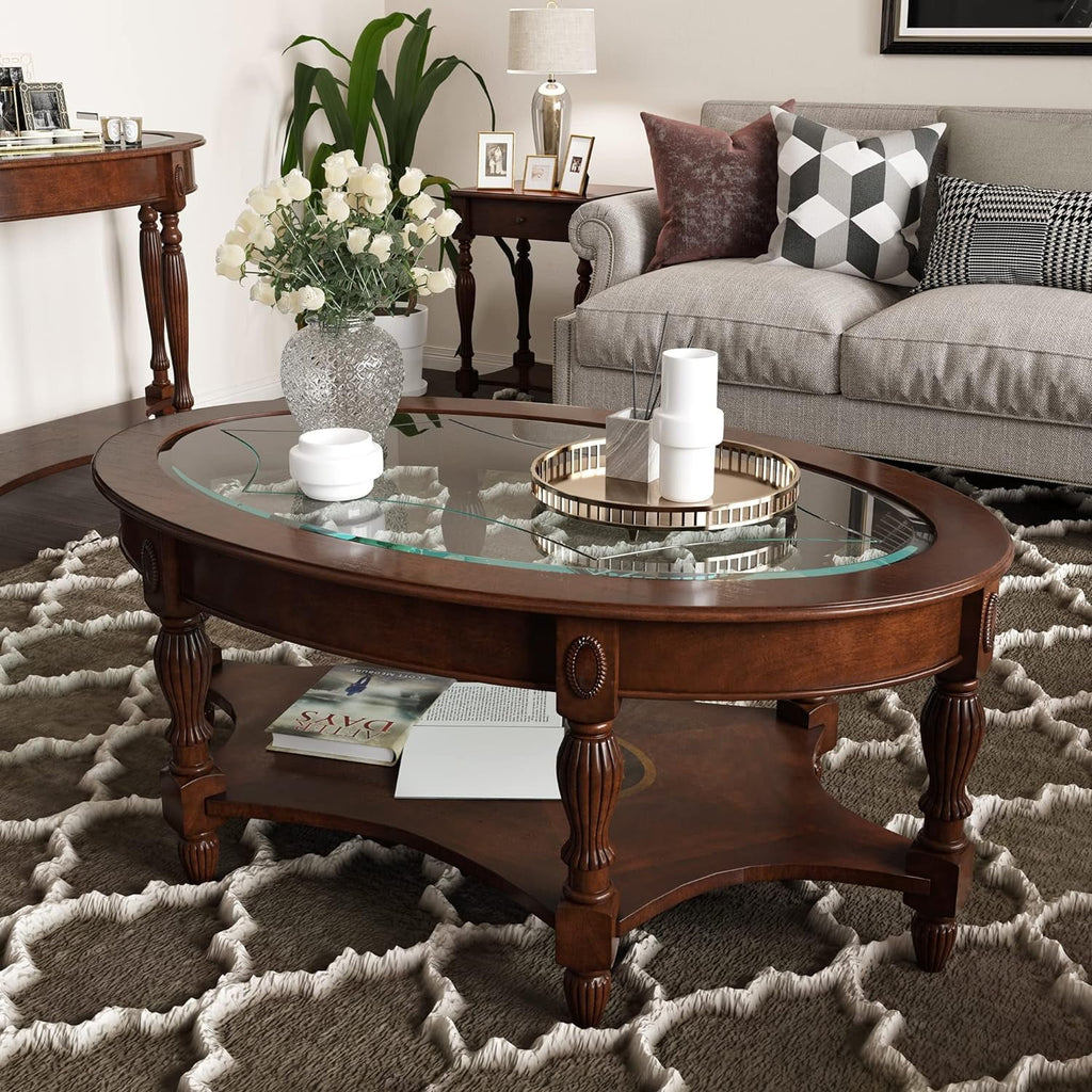 Oval Solid Wood Coffee Table with Glass Top, Cherry Walnut, 46"x29"x18.2" K38367