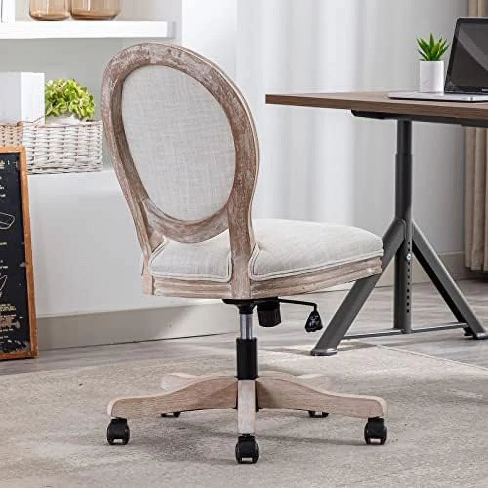 Rattan Back Linen Office Chair Adjustable Height Swivel Task Chair Beige P495325