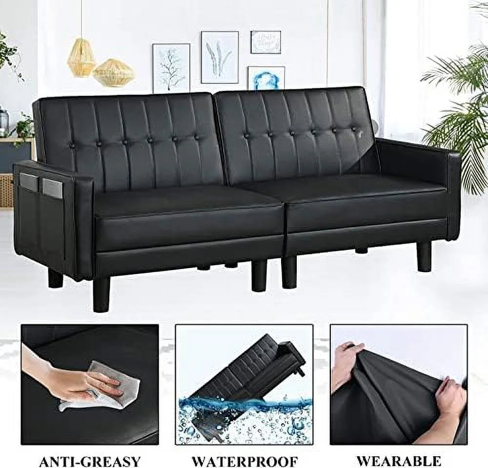 NLIBOOMLife Futon Sofa Bed Couch with Faux Leather and Side Pockets I712