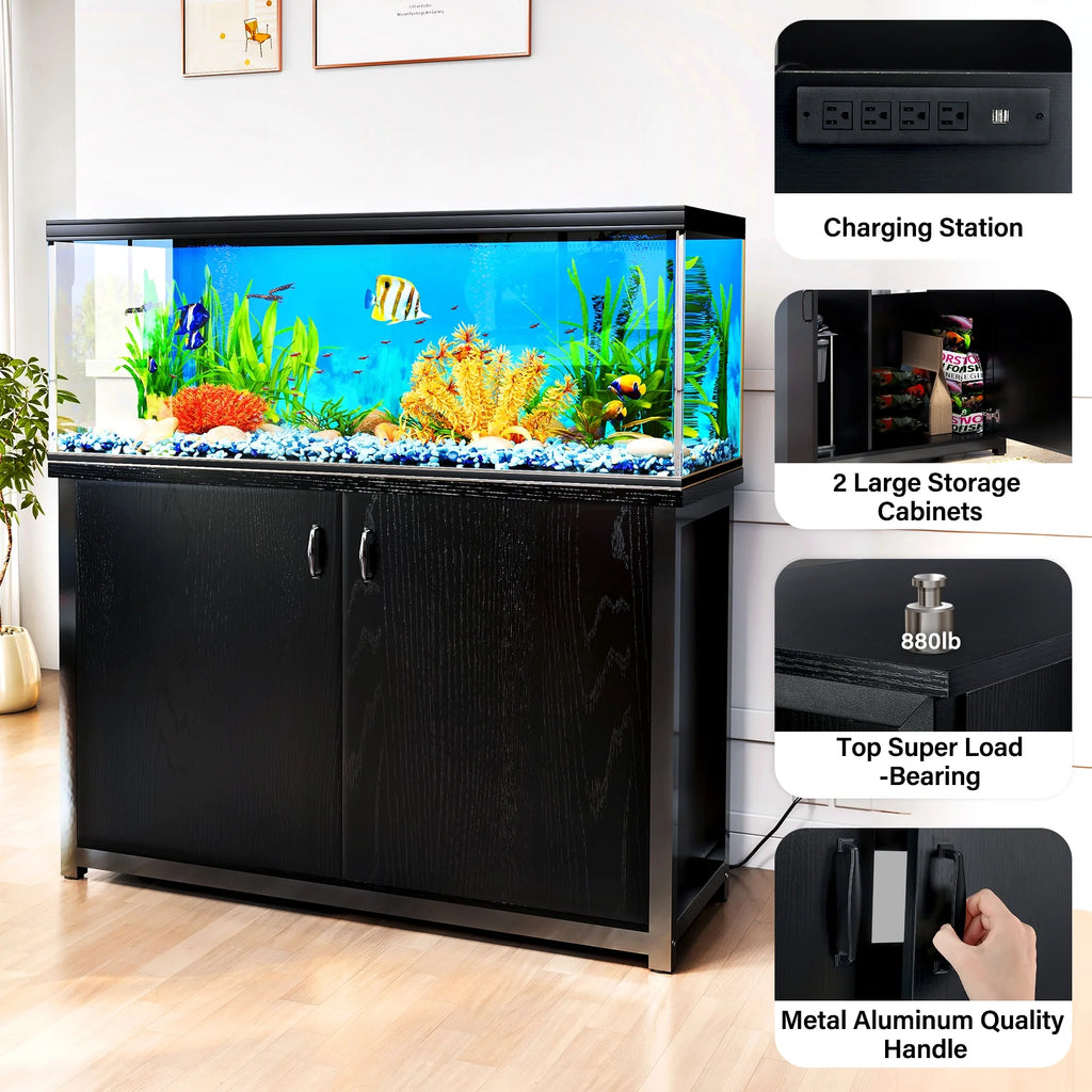 TC-HOMENY 55-75 Gallon Aquarium Stand with Cabinet and Charging Station, Black E45434