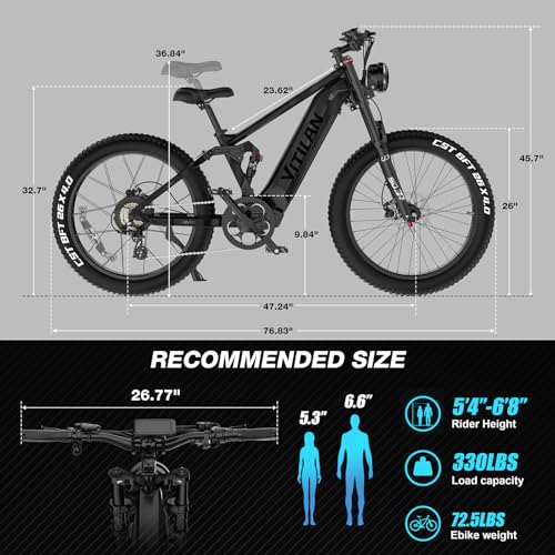 VITILAN T7 PRO 1600W Peak Electric Bike for Adults, 52V 20AH Removable Battery, 26 Inch Fat Tire Mountain E-Bike N89450