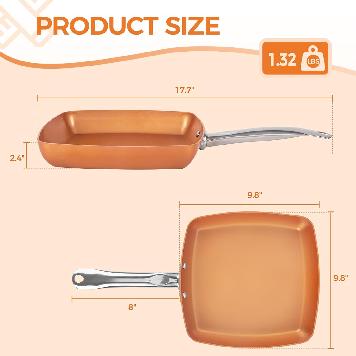 Non-Stick Copper Square Frying Pan 9.5" with Ceramic Coating X12713