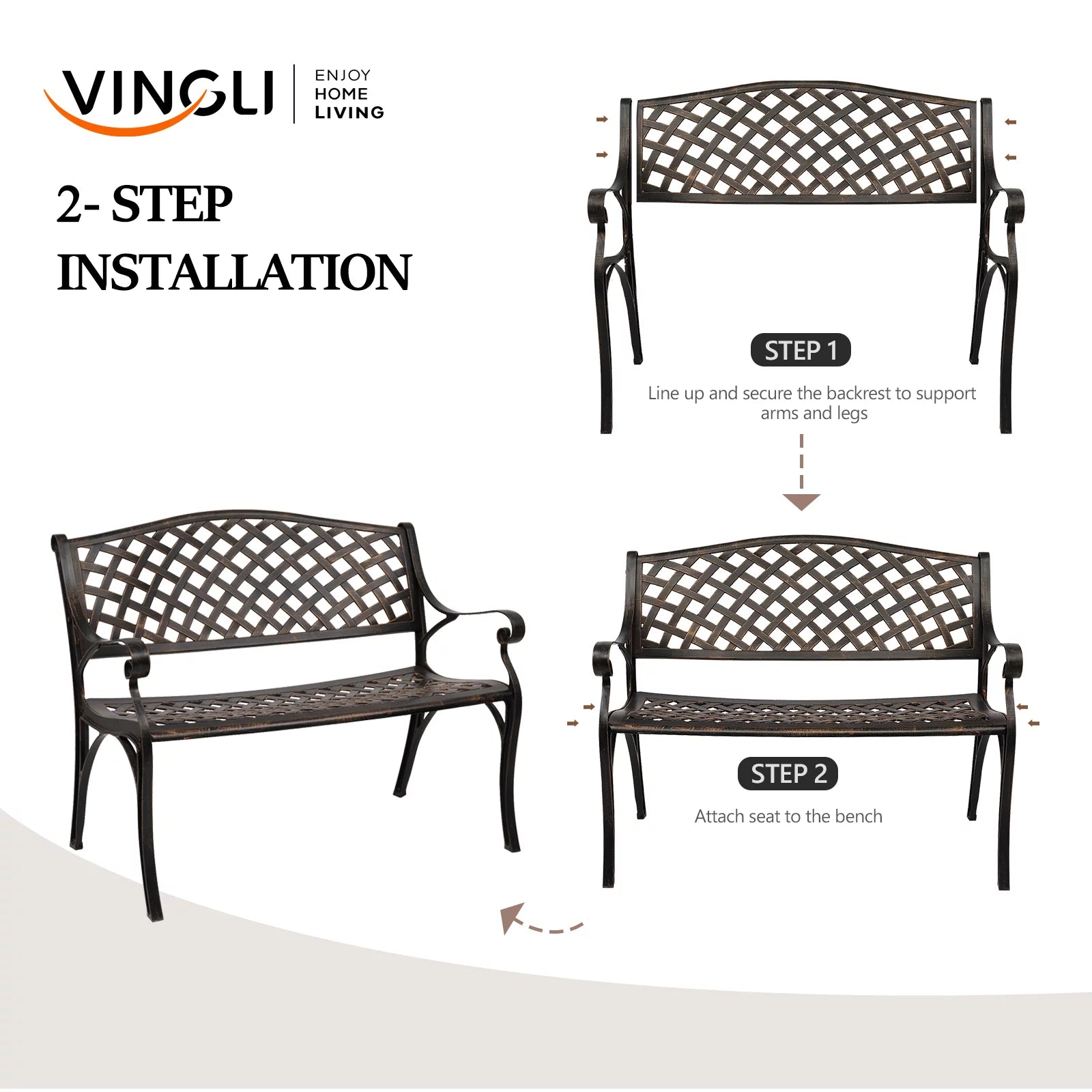 VINGLI 40.5" Patio Garden Bench, Cast Iron & Aluminum Frame, Bronze Z691