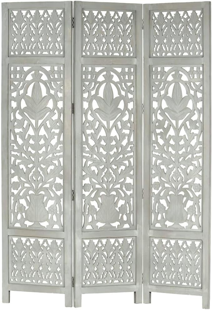 Hand-Carved 3-Panel Gray Wood Room Divider Screen J4918