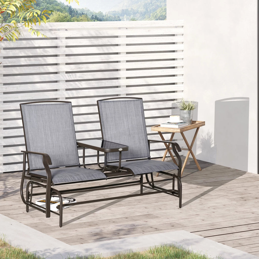 Outsunny Outdoor Glider Bench with Center Table, Metal Frame Patio Loveseat, Gray W632