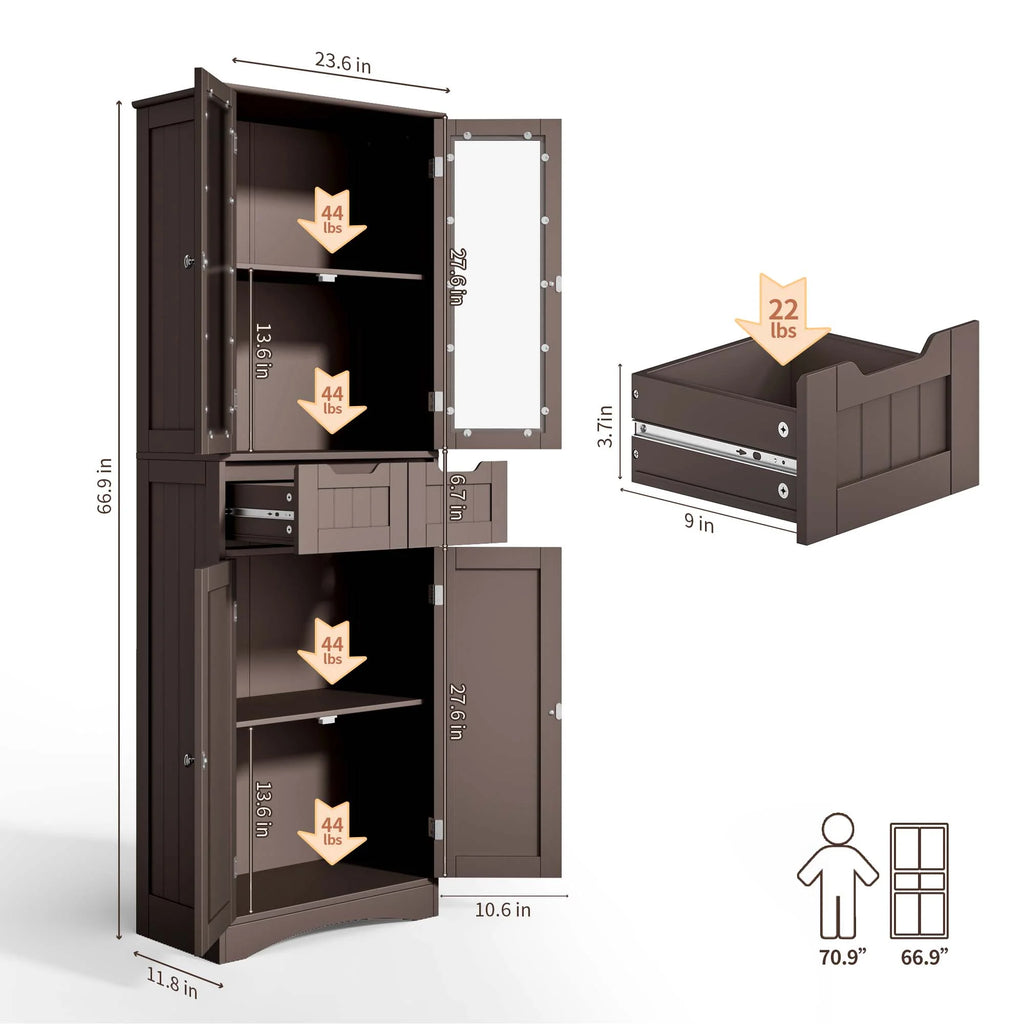 Lofka Tall Storage Cabinet with Glass Doors and 2 Drawers, Dark Brown F93607