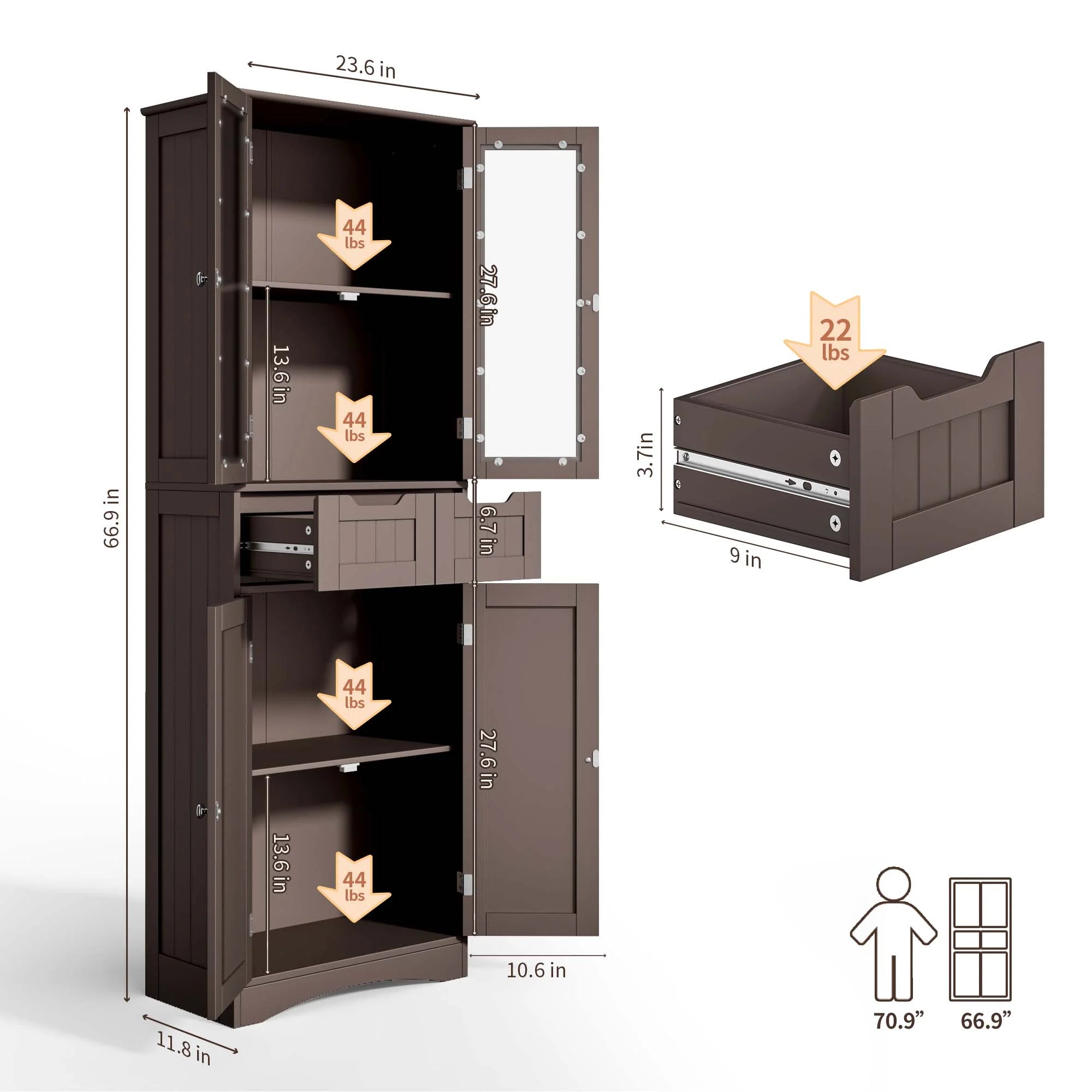 Lofka Tall Storage Cabinet with Glass Doors and 2 Drawers, Dark Brown F93607