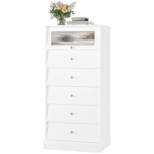 finetones 6 Drawer Dresser Black with Gold Accents and Glass Drawers J156