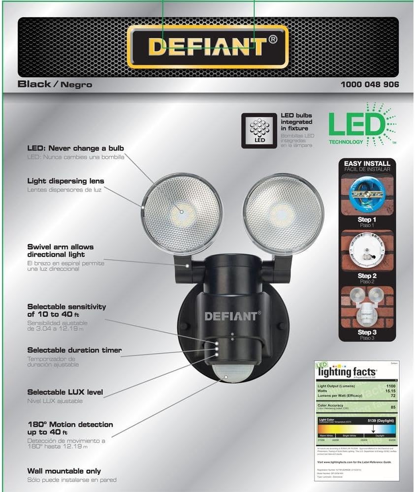 Defiant DFI-5936-BK 180-Degree 2-Head Outdoor Motion Activated Flood Light O300677