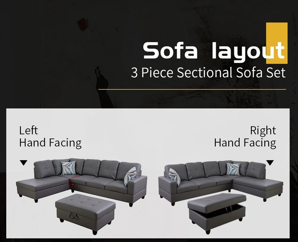 PonLiving Dark Grey Faux Leather Sectional with Ottoman Left Hand Facing M73884