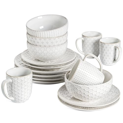 LE TAUCI Dinnerware Sets 12 PCS, Ceramic Plates and Bowls Set, Suit For Housewarming (10" Dinner Plate + 8" Salad Dish + 26 oz Cereal Bowl) x 4, Oven safe - Arctic White
