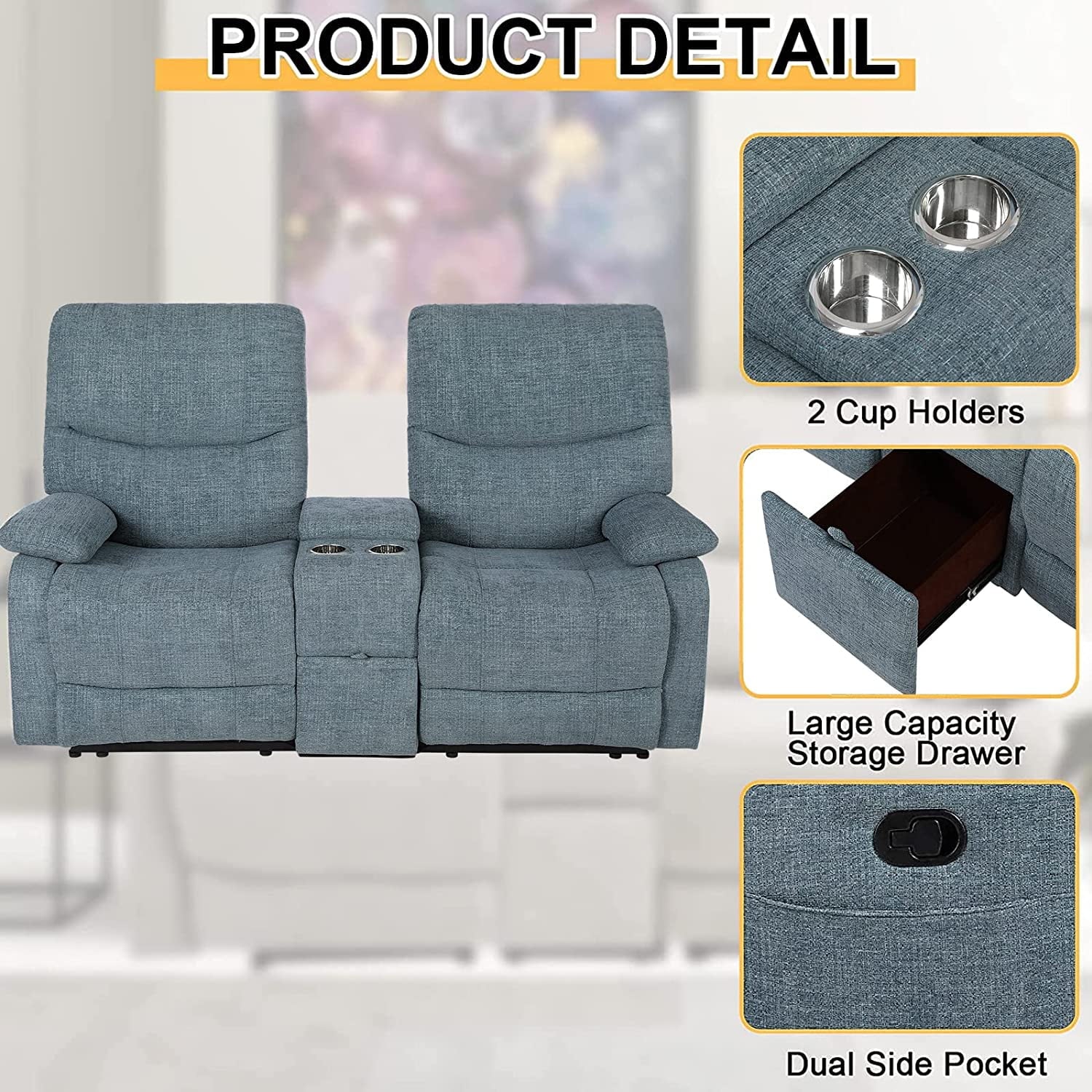 Reclining Sofa with Console and Cup Holders 2 Seater Fabric a7