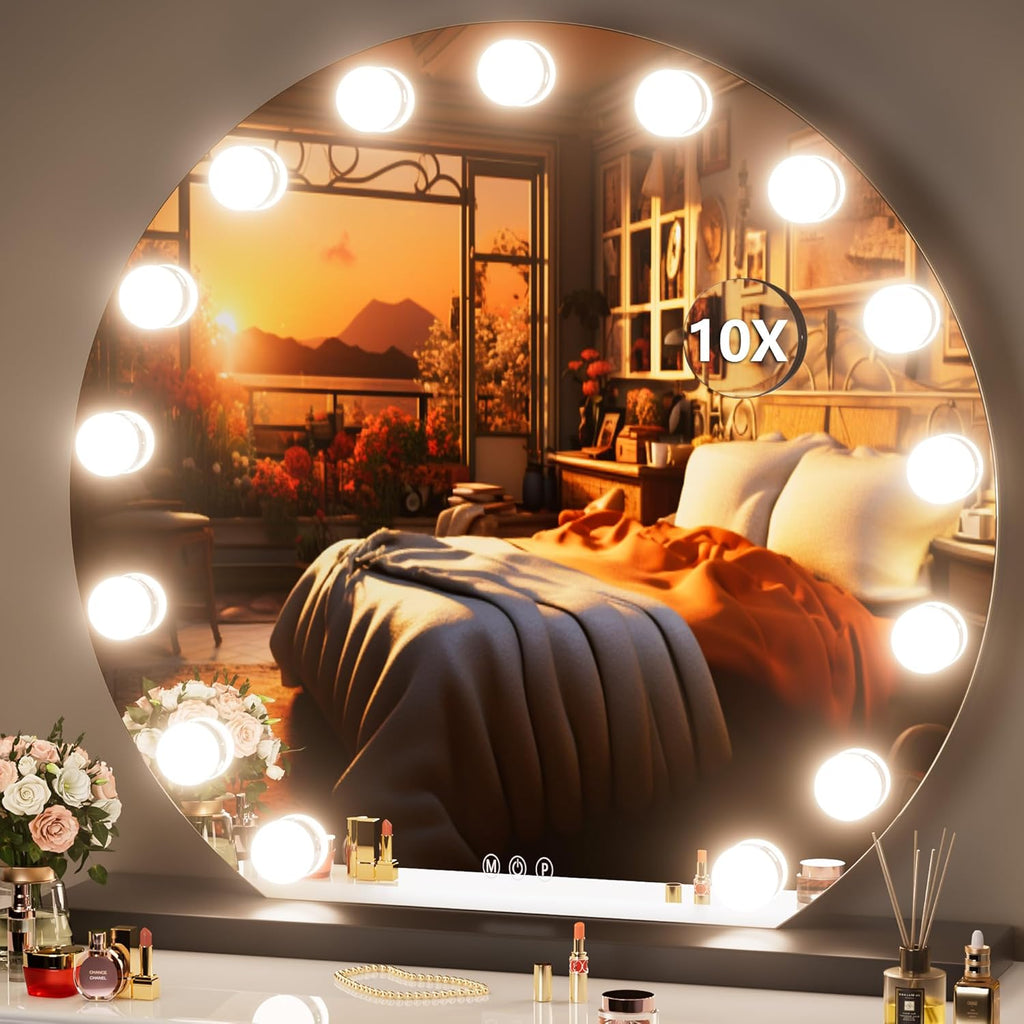Hasipu Vanity Mirror with Lights, 32" x 28" Makeup Mirror, Hollywood Mirror with Lights,10X Magnification and Smart Touch Dimmable 3 Modes,Black