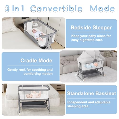 Bedside Bassinet for Baby, 3 in 1 Height Adjustable with Wheels and Mattress O79976