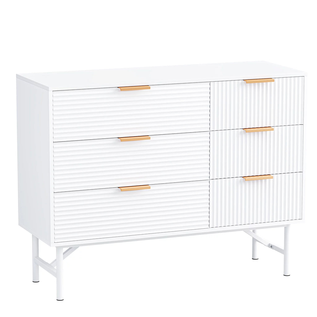 Homfa 6 Drawer Dresser for Bedroom, Creamy Wave Panel Wood Storage Cabinet C269