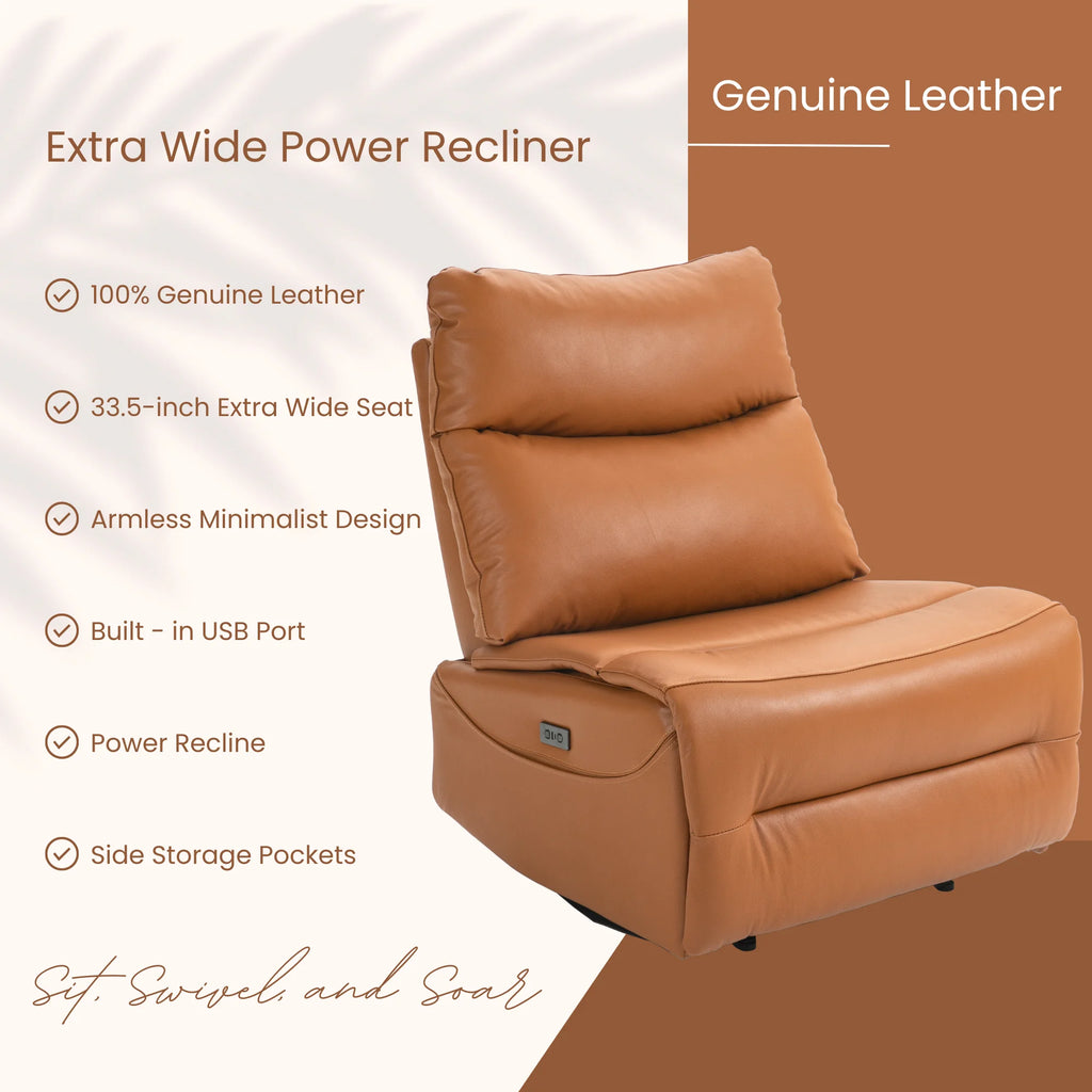 JUUXO Genuine Leather Power Recliner Extra Wide No Armrests 350 lbs I40598