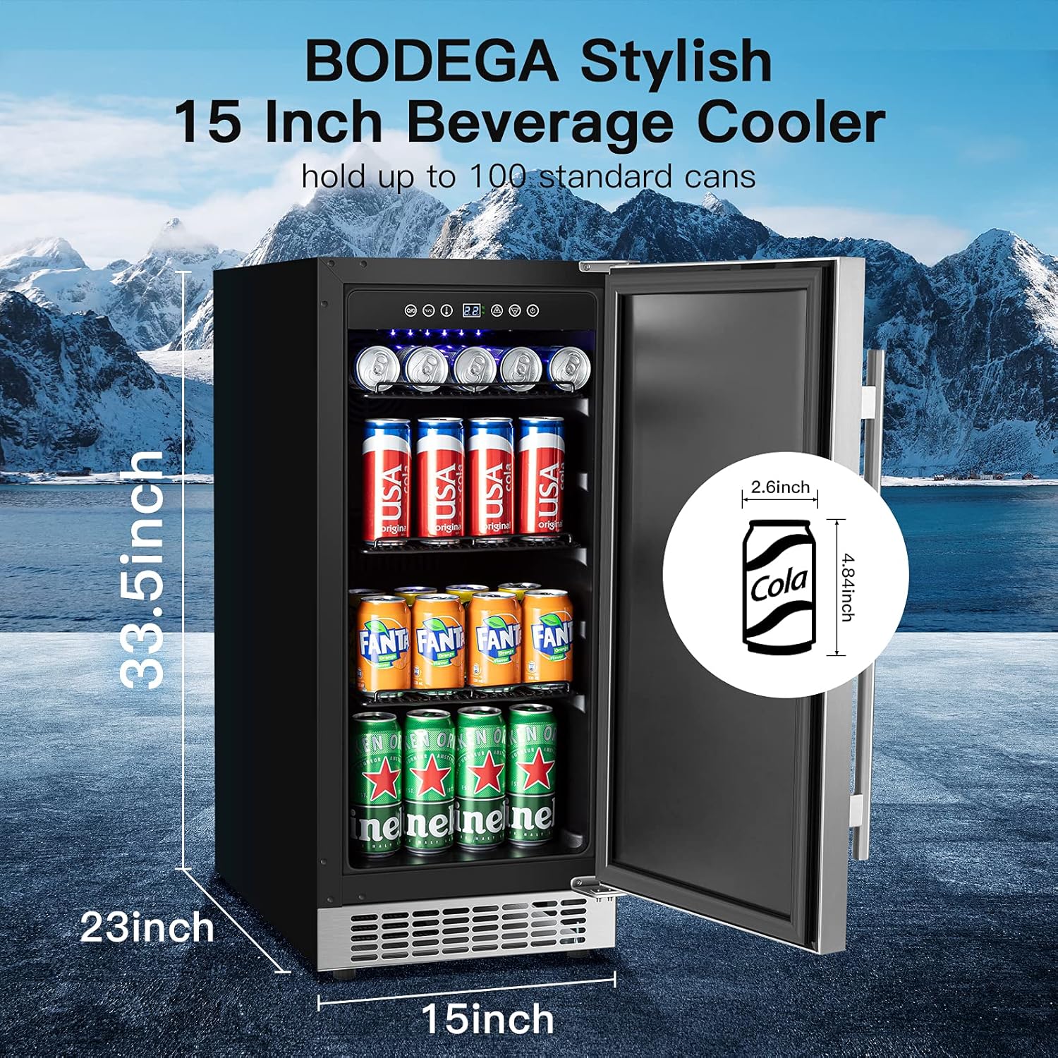 Beverage Cooler 24 Inch, Built-in Refrigerator 180 Cans, Stainless Steel Under Counter Fridge a7