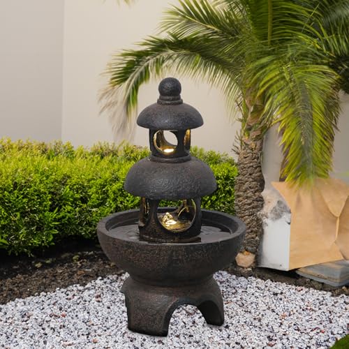 Outdoor Garden Water Fountain with LED Lights and Pump, Gray, 35.5 inches k7