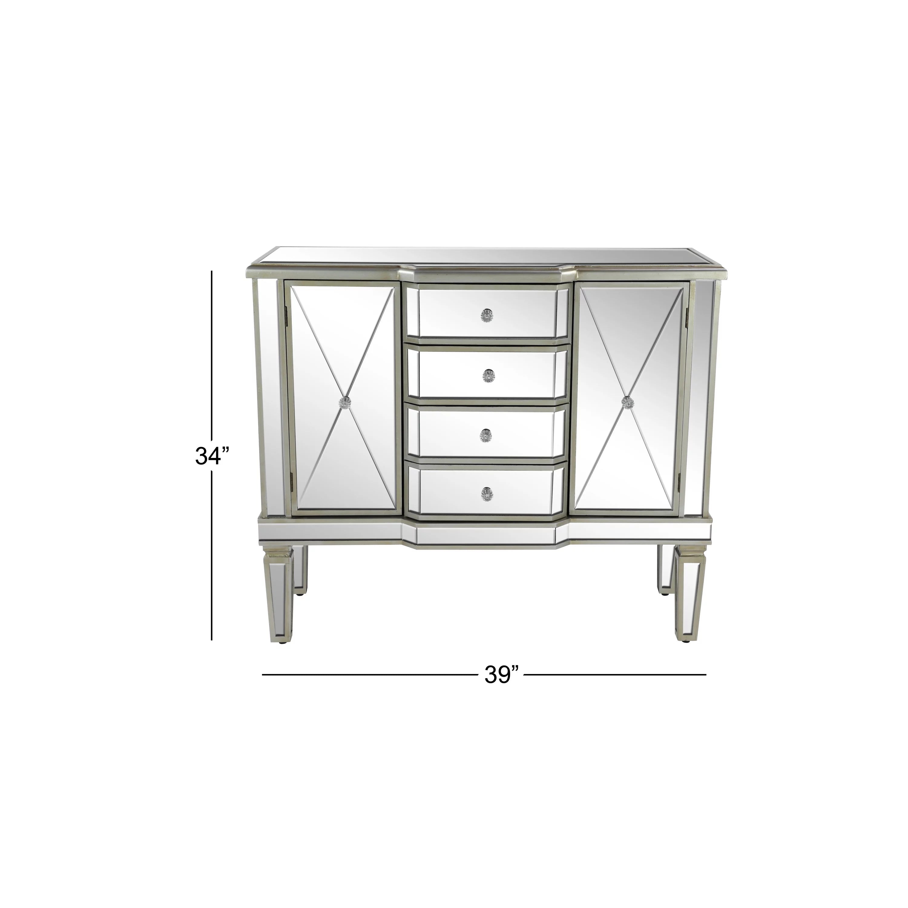 DecMode Silver Wood Mirrored Panel Buffet with 4 Drawers and 2 Doors L67333