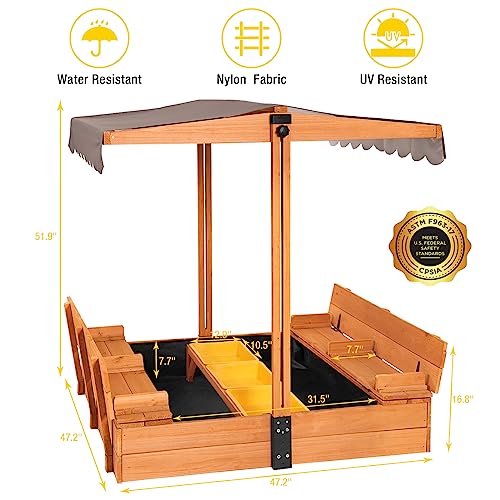 Kids Sandbox with Canopy and Foldable Bench Seats Outdoor Wooden Playset q7m