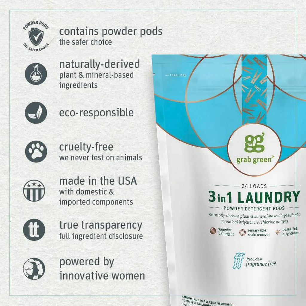 Grab Green 3-in-1 Laundry Detergent Pods, Fragrance Free, 60 Count W9869