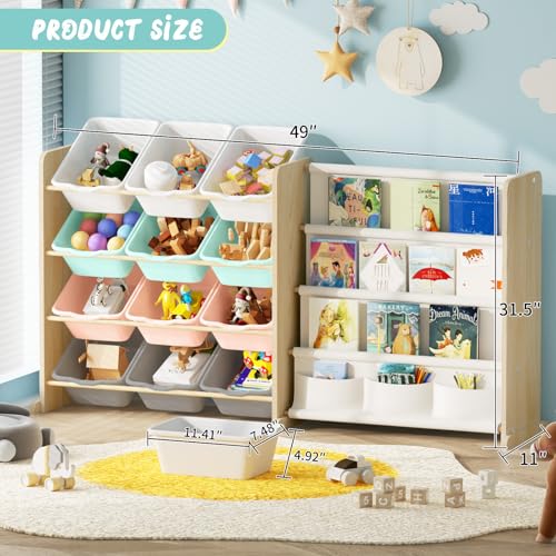 Kids Toy Storage Organizer with 12 Bins and Bookshelf, Burlywood Y913658