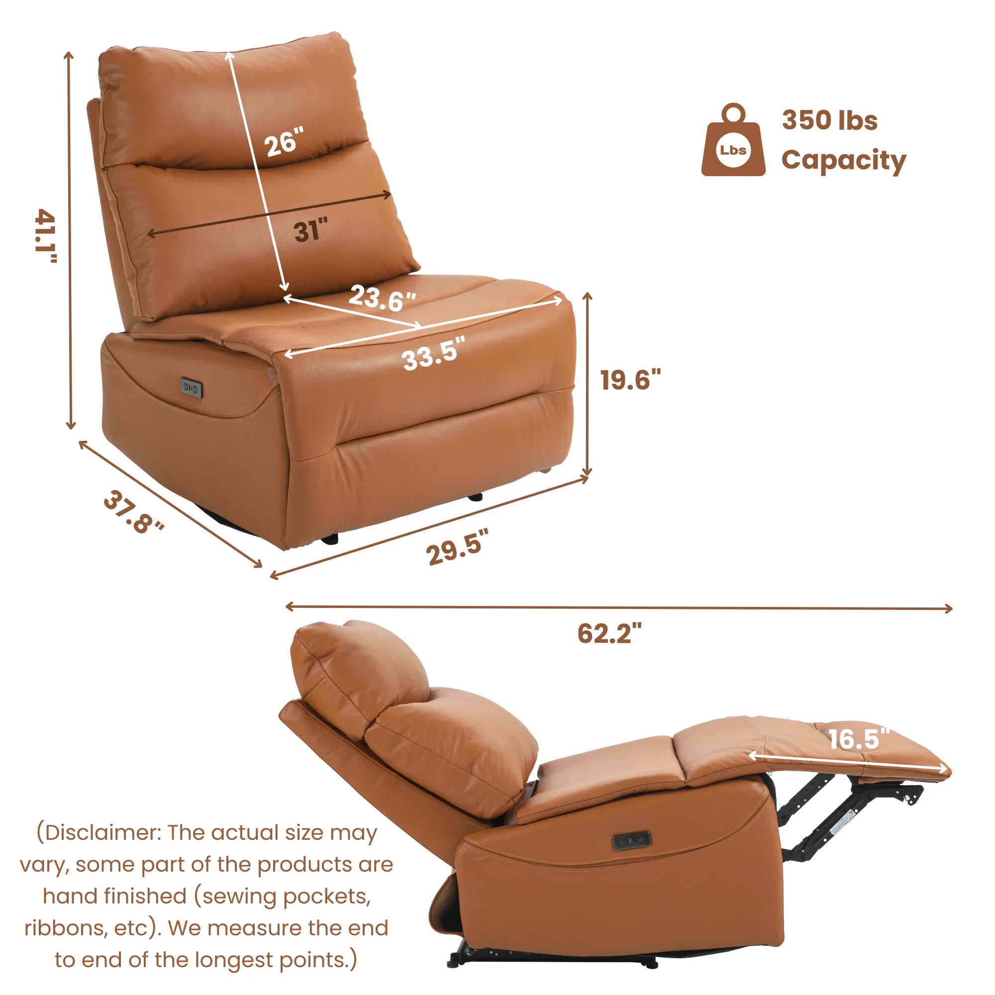 JUUXO Genuine Leather Power Recliner Extra Wide No Armrests 350 lbs I40598