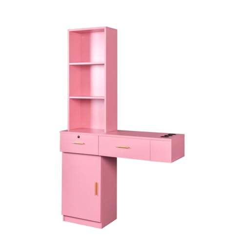 Modern Wood Computer Desk with Drawers and Mirror (Pink) J164932