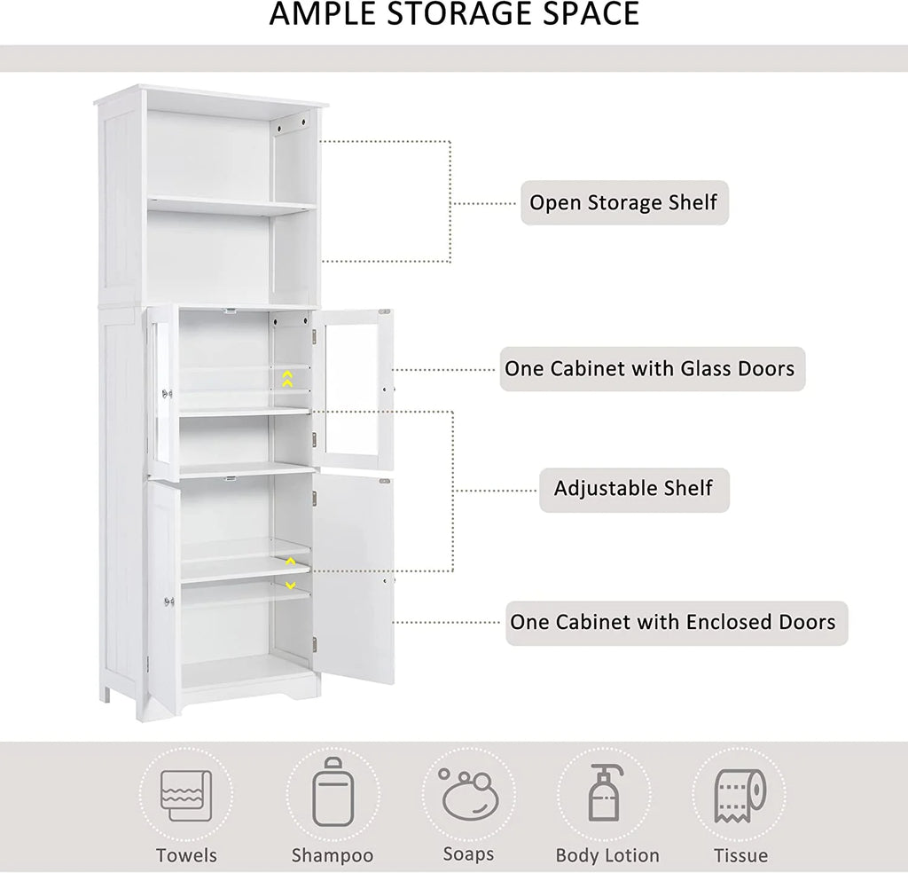 WANHUI White Storage Cabinet with Glass Doors and Adjustable Shelves D5774