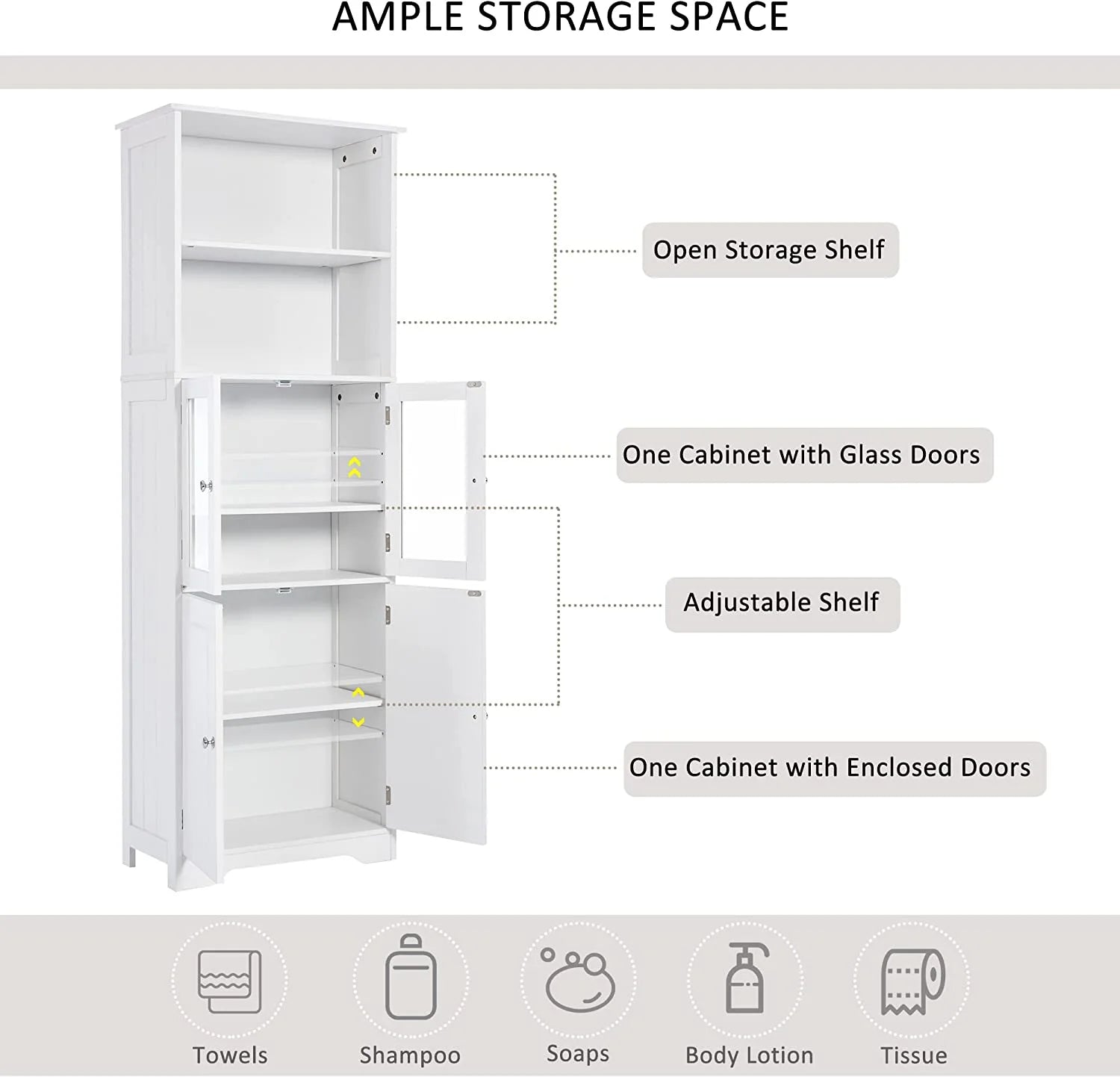 WANHUI White Storage Cabinet with Glass Doors and Adjustable Shelves D5774